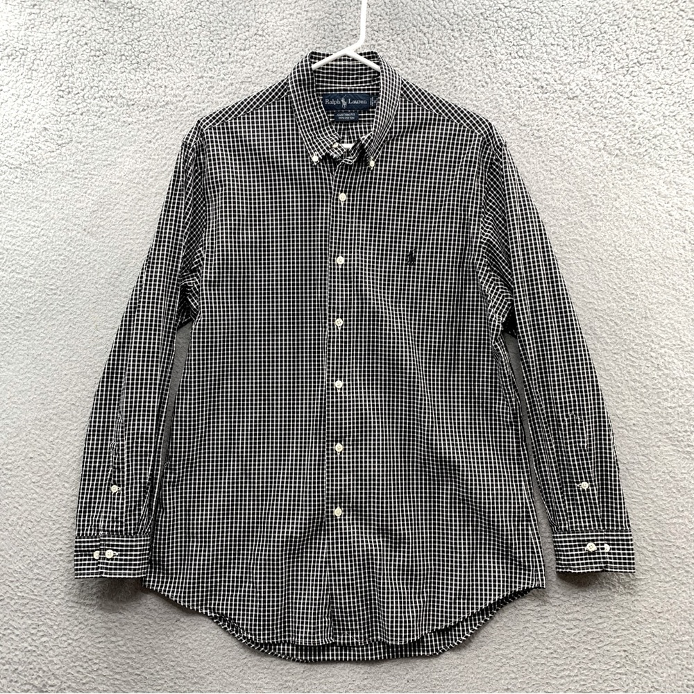 Ralph Lauren Custom Fit Shirt Men’s 16 Black White Button Up Gingham Check Plaid